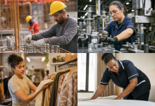 Trabalhadores atuando em ambientes de comércio, construção, indústria e serviços no Brasil