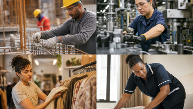 Trabalhadores atuando em ambientes de comércio, construção, indústria e serviços no Brasil