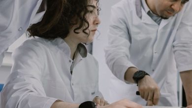 Grupo de pesquisadores trabalha em conjunto em um laboratório.