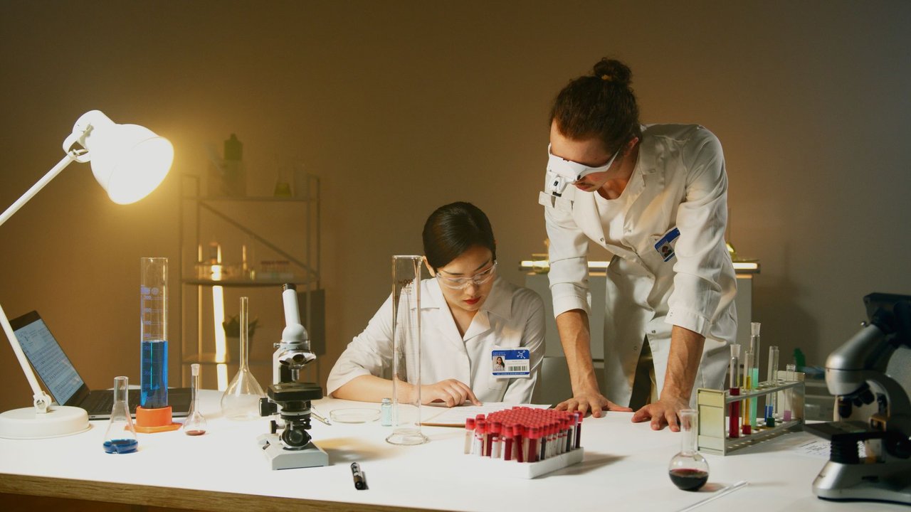 Dois cientistas trabalham juntos em um laboratório, analisando equipamentos e amostras durante um experimento.