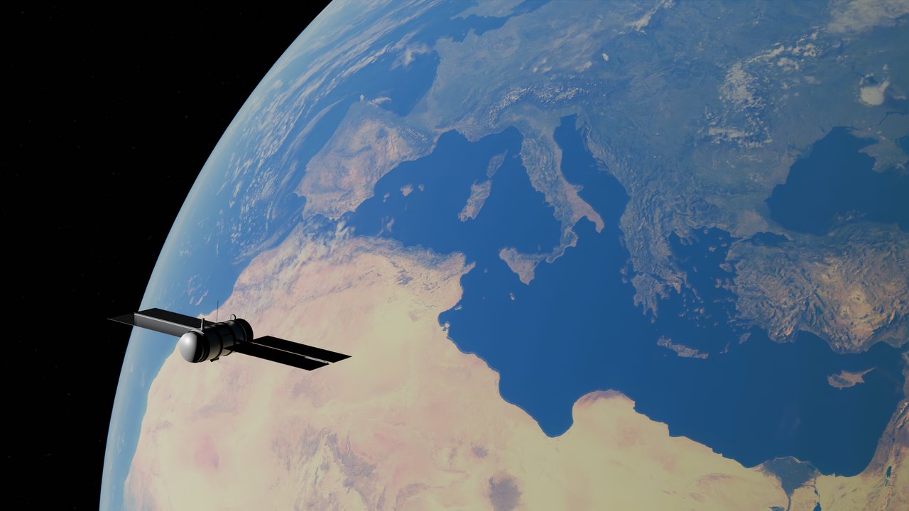 Satélite em órbita sobre a Terra, com o mar Mediterrâneo e partes dos continentes visíveis ao fundo.